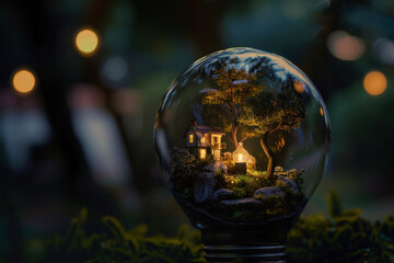 Transparent glass lightbulb with tiny fantasy world of a miniature house, tree and garden illuminated by a warm glow of light.
