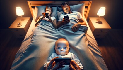 Together, but apart: modern family portrait. Family on double bed, parent on phone next to wide-eyed child, captures juxtaposition of distance and closeness in today's digital age.