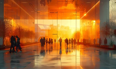 Foto auf Acrylglas A group of people are walking through a building at dusk, admiring the amber and orange hues of the sunset painting the natural landscape outside © RichWolf