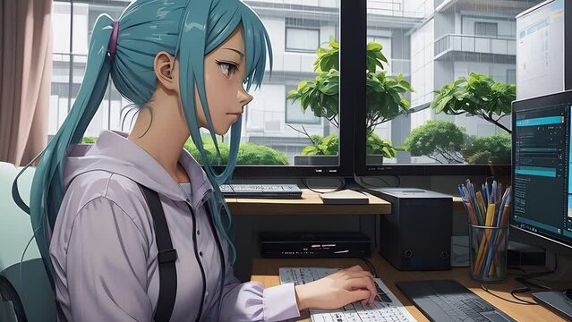 Woman Sitting at Desk Using Computer Generative AI