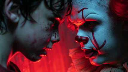 A spooky clown with evil makeup scaring a boy. - obrazy, fototapety, plakaty