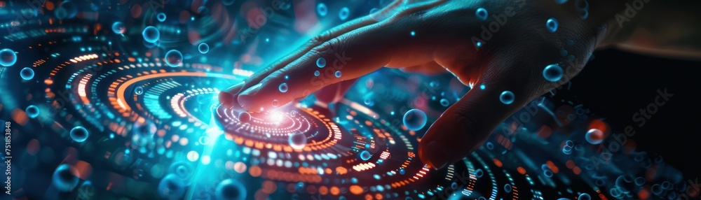 Poster privacy technology in the digital age hand using secure holograms minimalist business tech backgroun