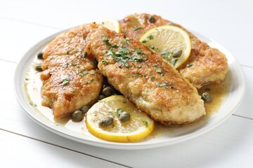 Delicious chicken piccata on white wooden table, closeup