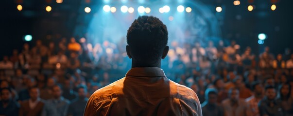 Stage speech revolutionized by hologram technology minimalist view of black man speaking close up on audience engagement - obrazy, fototapety, plakaty