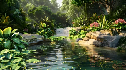 Tuinposter Verdant Pond With Lush Green Plants and Rocks © Reisekuchen