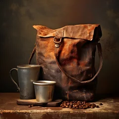 Fotobehang Coffee cup, bag and scoop on old rusty background © juraj