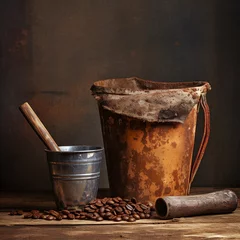 Zelfklevend Fotobehang Coffee cup, bag and scoop on old rusty background © juraj