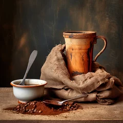 Fotobehang Coffee cup, bag and scoop on old rusty background © juraj