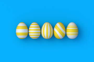 Row of easter eggs on blue background. Religious holiday. Top view. 3d render