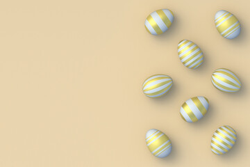 Scattered easter eggs on beige background. Religious holiday. Top view. Copy space. 3d render