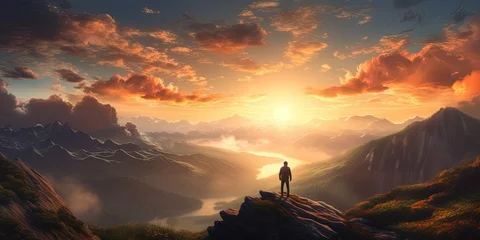 Schilderijen op glas Sunset landscape with hiker looking at the sun from mountain top © Svitlana