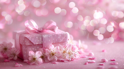 a pink gift box with a bow and flowers on a pink background