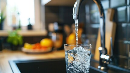 Filling up a glass with clean drinking water directly from the kitchen faucet - obrazy, fototapety, plakaty
