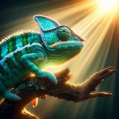  A vibrant chameleon perches on a branch, its colors vivid against the sunlit backdrop © Iaroslav
