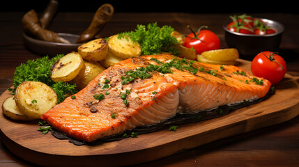 Fried salmon steak with potatoes and vegetables on a wooden board