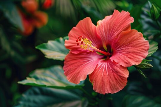 Close-Up of Exotic Hibiscus Flower Amid Tropical Foliage, AI Generative
