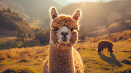 A cute alpaca with brown fur in a farm field. - obrazy, fototapety, plakaty