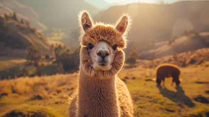 Foto op Canvas A cute alpaca with brown fur in a farm field. © SashaMagic