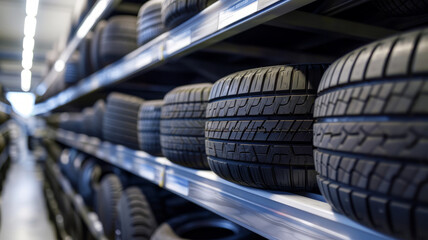 Fototapeta premium Tire store with stacks of black car tires.