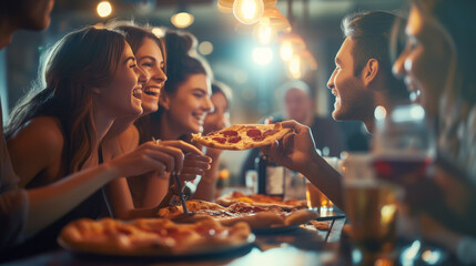 Photo of a group of friends eating pizza together, seated at a table in a cozy pizzeria. Fragrant pizza is divided into portions, eagerly awaiting to be savored in the delightful company of fellows - obrazy, fototapety, plakaty