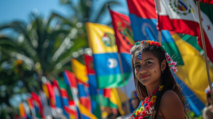 14 April Pan American Community Day symbol of unity of peoples, voluntary coming together, community. flags of different countries festive atmosphere, values and cultural aspects. - obrazy, fototapety, plakaty