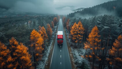 An aerial view of a vehicle driving on an asphalt road surrounded by trees in a natural landscape ecoregion, under a cloudy sky - obrazy, fototapety, plakaty