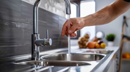 Plumber's hands in close-up holding a new faucet for installation into a kitchen sink, depicting plumbing work or renovation