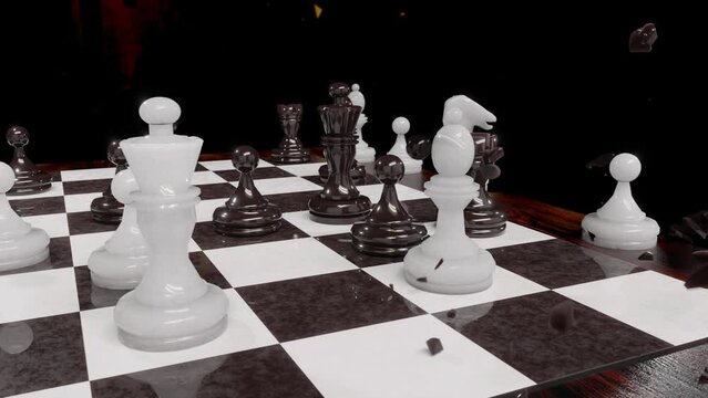 3d render. Checkmate in chess game. Bishop takes king and in the process king explodes into small pieces.
