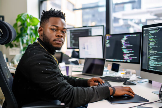 Portrait of young African-American programmer sitting at desk in software development studio
