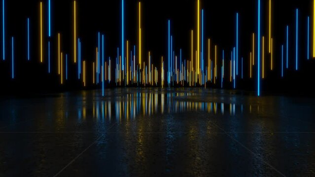 3d rendered animation of collection of illuminated rods being reflected off of a wet surface below them. Image is a raytraced model.