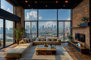 Inviting urban living room design with Art Nouveau elements and city skyline