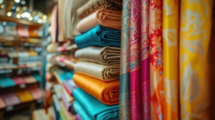 array of richly patterned traditional fabrics, their ornate designs and shimmering textures offering a feast for the senses in a fabric store