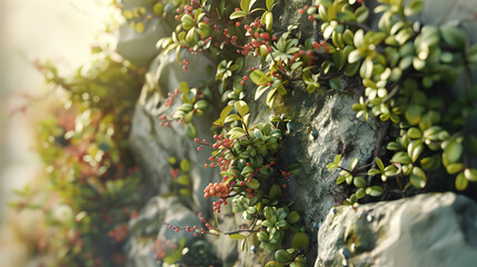 Fototapeta na wymiar Close Up of Rock Wall With Plants Growing