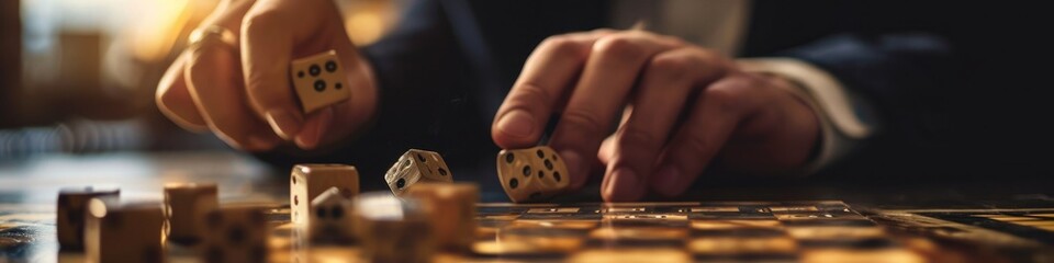 a businessman tossing financial dice on a board with investment options, illustrating the element of chance and risk in financial decisions. - obrazy, fototapety, plakaty