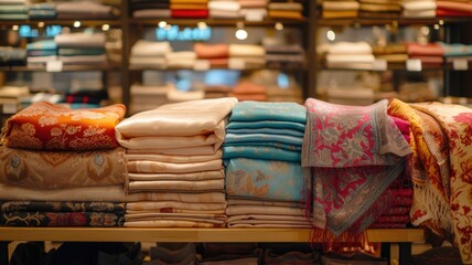 Obraz premium array of richly patterned traditional fabrics, their ornate designs and shimmering textures offering a feast for the senses in a fabric store