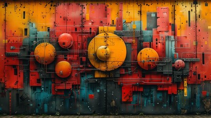 Fototapeta premium A detailed painting of colorful graffiti on a wall, showcasing intricate patterns and vibrant colors. The art features a mix of circles, rectangles, and unique fonts