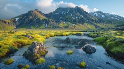 View of Landmannalaugar in the Fjallabak Nature Reserve, the Highlands of Iceland. - obrazy, fototapety, plakaty