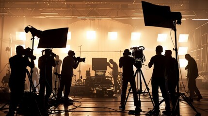 Fototapeta premium Behind the scenes of silhouette working people that making movie or tv channel content or film in big studio with camera set and production crew team.
