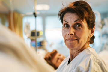 Portrait of senior female nurse standing in hospital ward. Woman in uniform looking at camera.
 - obrazy, fototapety, plakaty