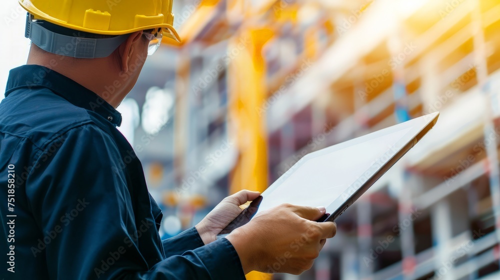Poster civil engineer or architect with hardhat on construction site checking schedule on tablet computer