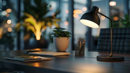 close up image, Modern stylish dark workspace tabletop with table lamp, decor and copy space for display your product mockup over blurred modern dark office background.