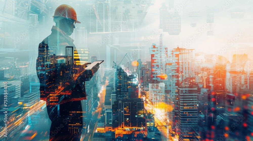 Poster double exposure image of construction worker with tablet computer and wearing construction uniform a