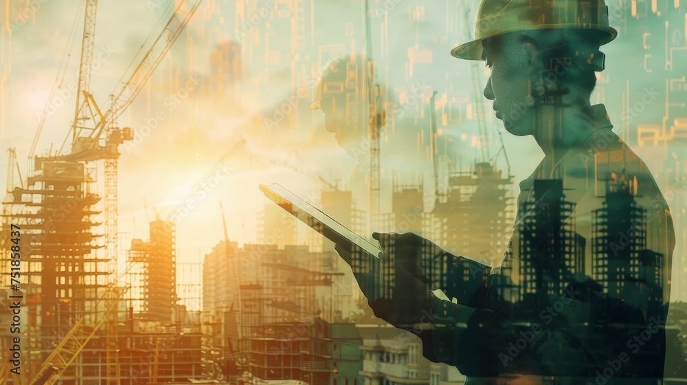 Poster double exposure image of construction worker with tablet computer and wearing construction uniform a