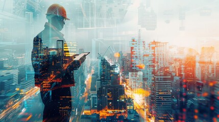 Double exposure image of construction worker with tablet computer and wearing construction uniform against the background of surreal construction site in the city.
