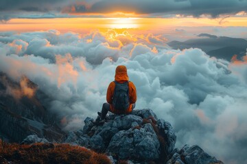 Fototapeta premium An adventurer in orange gear overlooks a sea of clouds from a mountain peak at sunrise