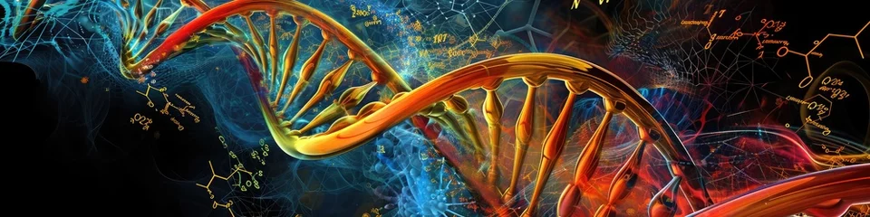 Photo sur Plexiglas Helix Bridge the intricate dance of genetic information as a vibrant DNA molecule swirls with vivid colors against a backdrop of scientific symbols.