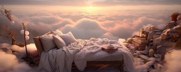 As the sun rises, a bed sits atop a sea of clouds, covered in blankets and pillows, creating a dreamy and serene outdoor landscape