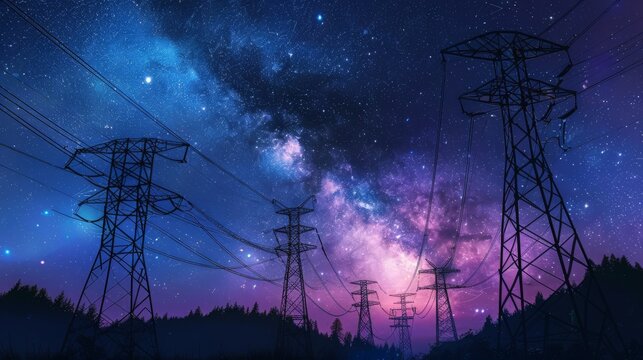 Electricity transmission towers with glowing wires against the starry sky.