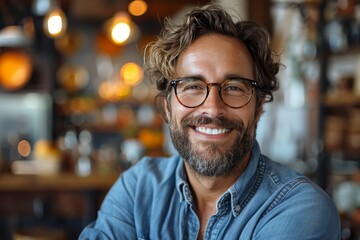 Obraz premium Smiling bearded man with curly hair wearing glasses inside a cozy café or artisan shop