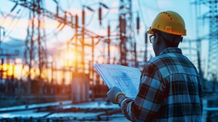 Male industrial, Electrical engineer with helmet and blueprints in hands checking, maintenance, and analysis data of power plant station project on substation and network background.